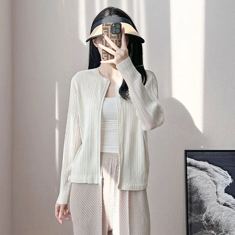 

Miyake Pleat Cardigan Light Outer Sun Protection Tops Round Neck Comfortable Cardigan Jacket Versatile Basic Conditioning Shirt