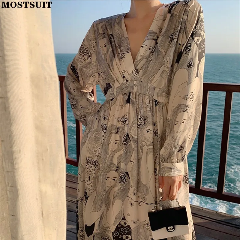 

Chic Printed Women Maxi Dress 2022 Spring Summer Full Sleeve V-neck Belted Dresses Stylish Elegant Beach Ladies Vestidos