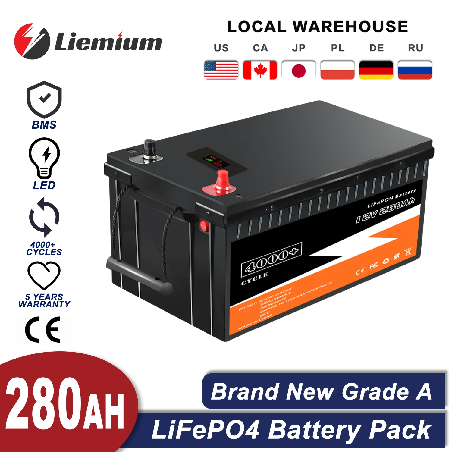 Аккумуляторная батарея LiFePO4, литий-железо-фосфат, Встроенный BMS, 12 В, 280 Ач, для солнечных домов на колесах, лодок, без НАЛОГА