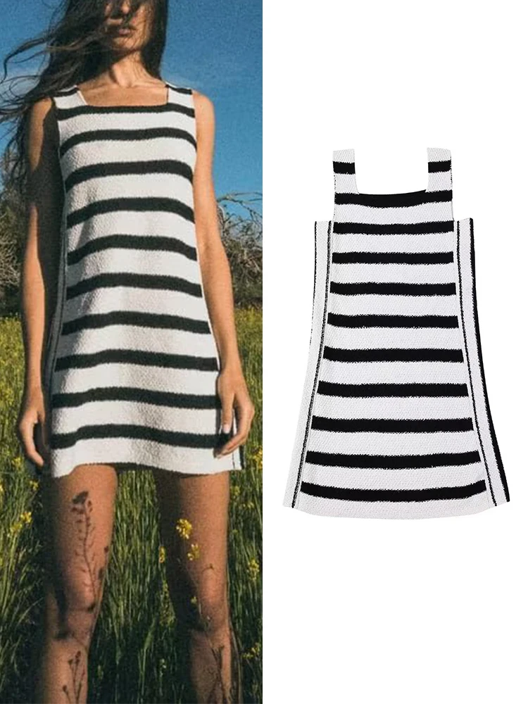 

TRAF Summer New Women Striped Knitted Dress 2023 Female Square Collar Elegant Holiday Style Casual Mini Loose Sleeveless Dress