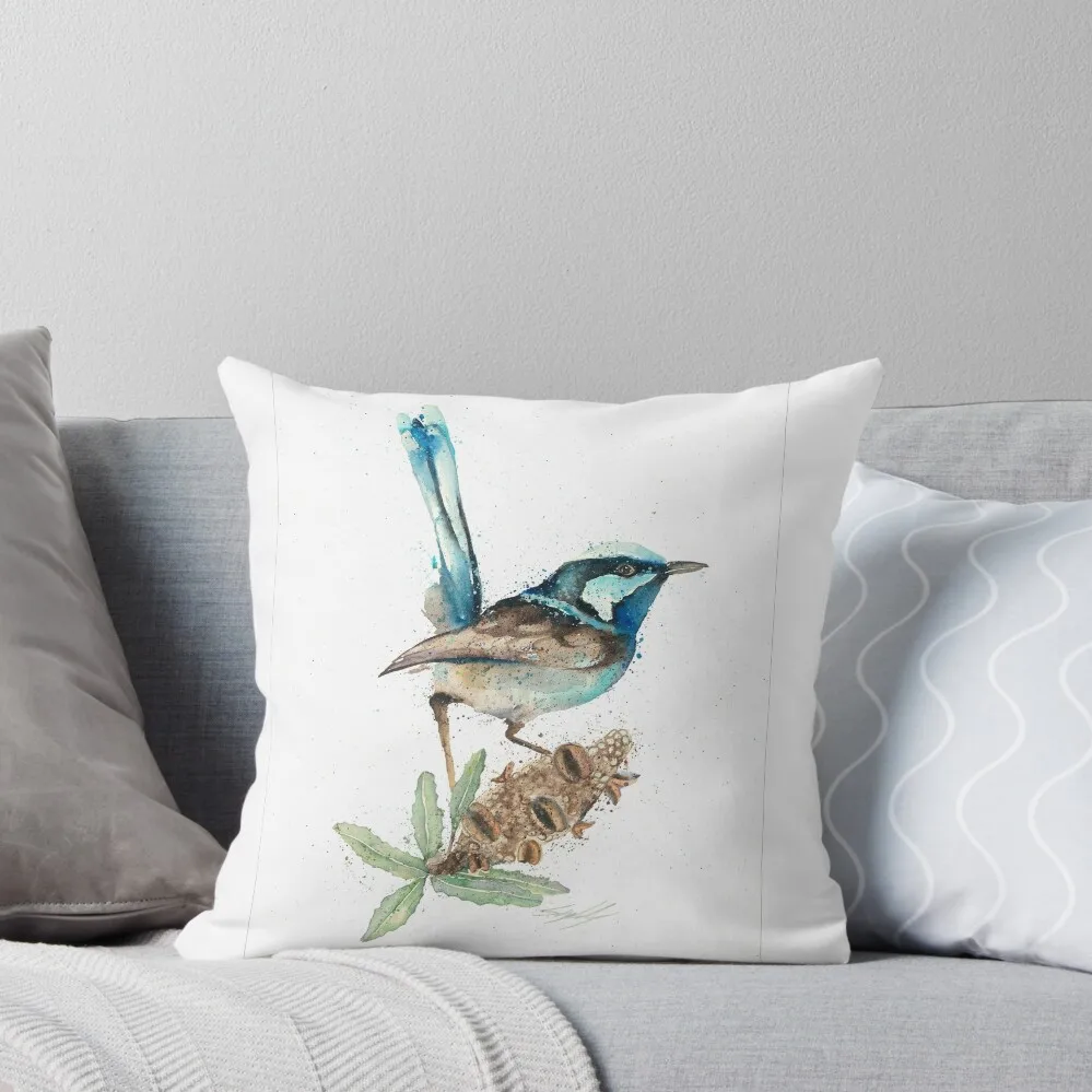 Blue Wren австралийская Акварельная декоративная подушка с изображением птицы