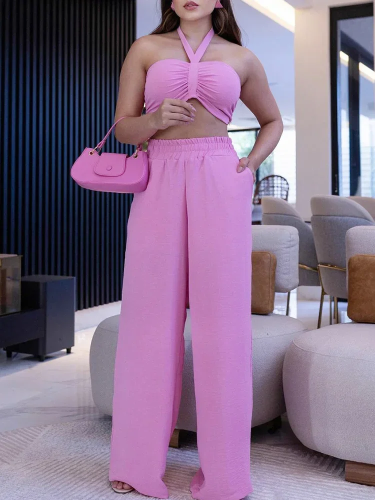 

Женский однотонный комплект из топа и брюк, летний комплект из двух предметов без бретелек