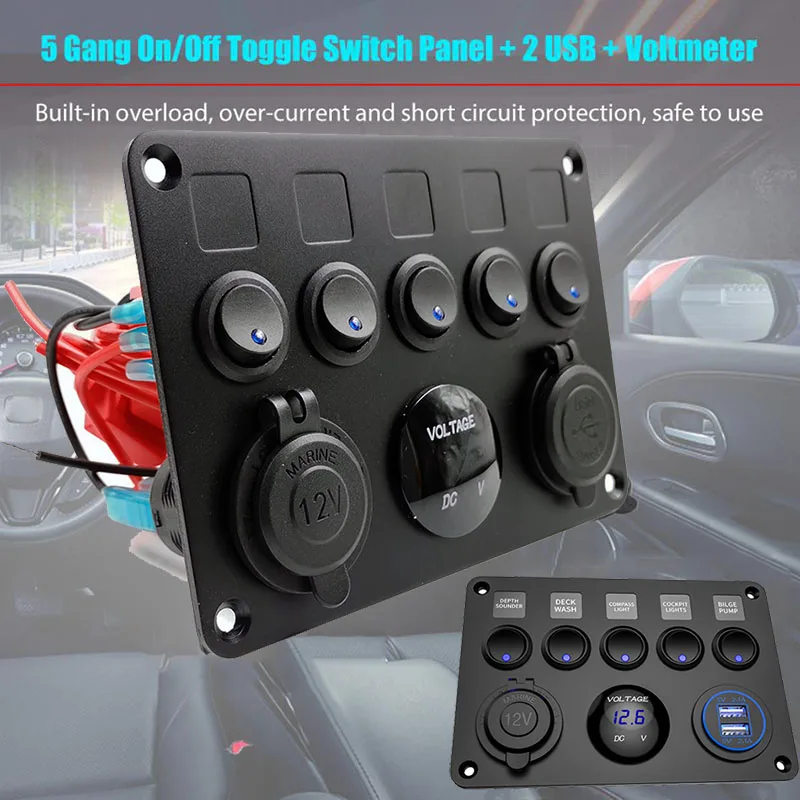 

5 Gang Switch Panel Dual USB Port 12V Outlet Combination Waterproof for Car Marine Ship LED Toggle Rocker Switch Panel