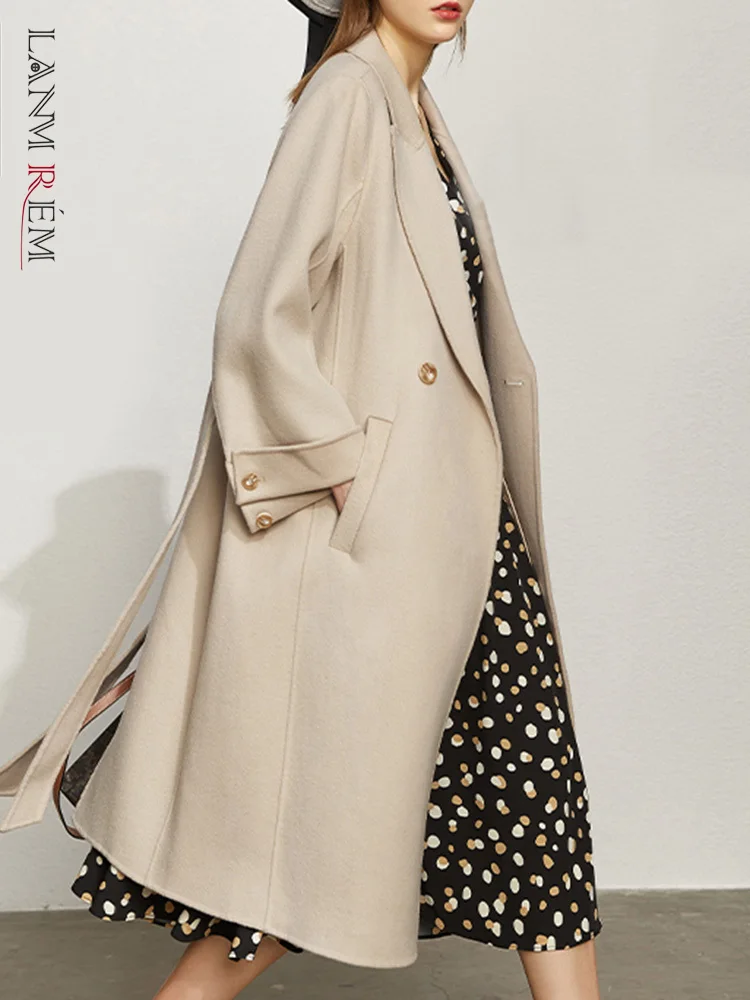 

LANMREM Женское шерстяное пальто с поясом, двубортное пальто с длинными рукавами, однотонное пальто высокого качества, женская одежда, новинка весны 2023, 2YA1984