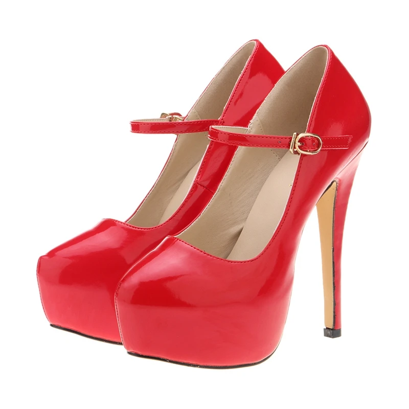 

New Hot Sale Pink Red Blue Black Patent Leather Pumps Platform Stilettos Mary Jane High Heels Big Size Women Wedding Shoes F0041
