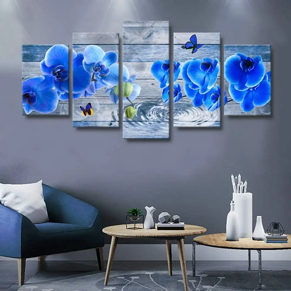 

Unframed 5 Panel Blue Flower Orchid Floral Modern Canvas HD Print Posters Wall Art Picture Paintings for Living Room Home Decor