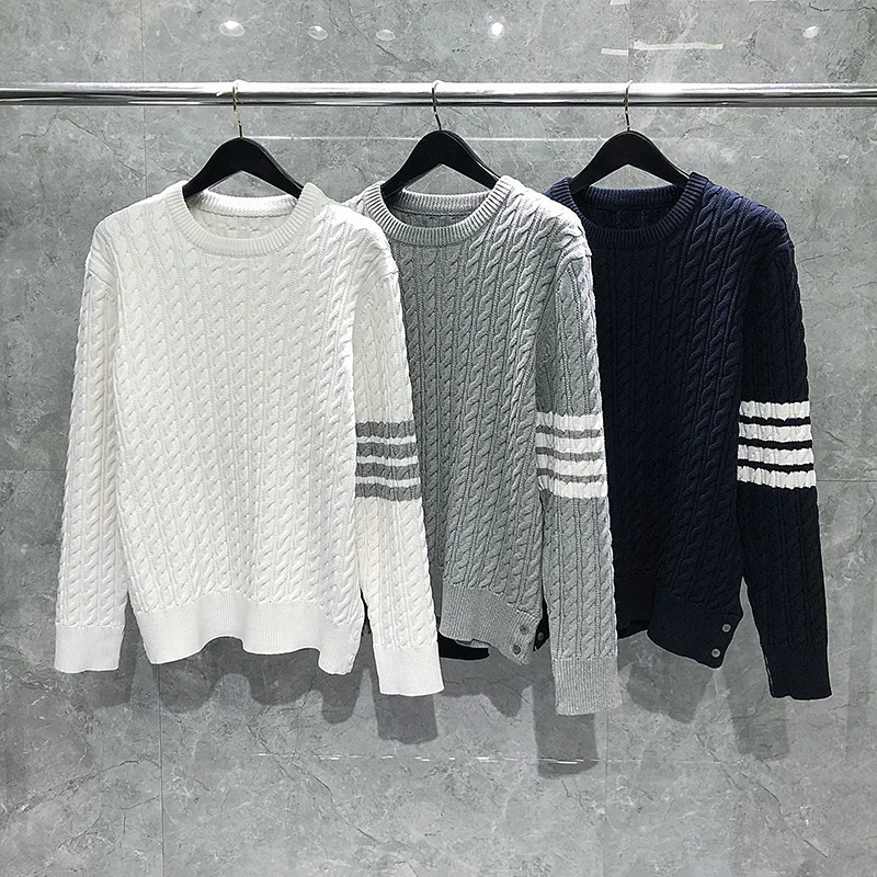 TB THOM Men's Sweater 4-Bar Stripes Crewneck Pullover Solid Thick Warm Sweaters 2022 Korean Fashion Brand Winter Tops