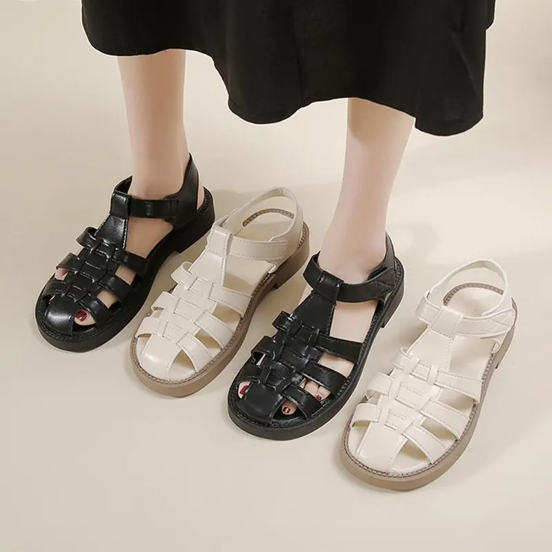

Sandals Women Summer 2023 New Genuine Leather Baotou Roman Sandals Ladies Retro Hollow Woven Women Sandals