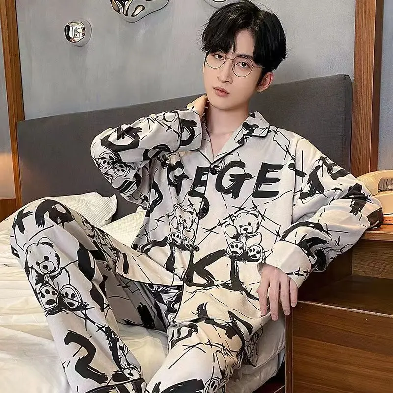 Autumn Spring Pajamas Set for Men Long Sleeved Homewear Japan Style Cartoon Pijama Fashion Cool Nightwear Sleepwear Party Cozy