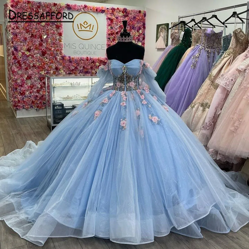 

Sky Blue Quinceanera Dresses Sexy Off the Shoulder Princess Ball Gown Appliques Lace Long Corset Party Dress for 15 Year Girl