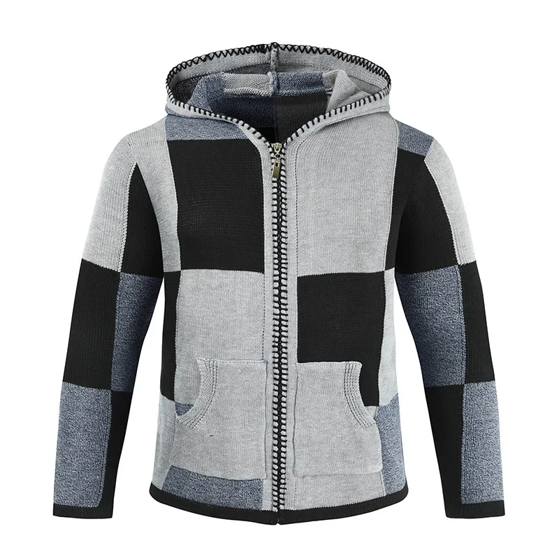 Autumn and Winter 2022 New  Men's Long Sleeve Hooded Round Neck Cardigan Sweater Coat Fashion Casual Slim Plaid Knitwear Zipper