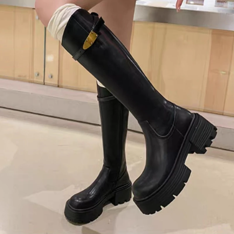 

Shoes for Women 2023 Autumn Winter New Chunky Heel Platform Women's Knee High Boots High Quality Black High Barrel Knight Boots