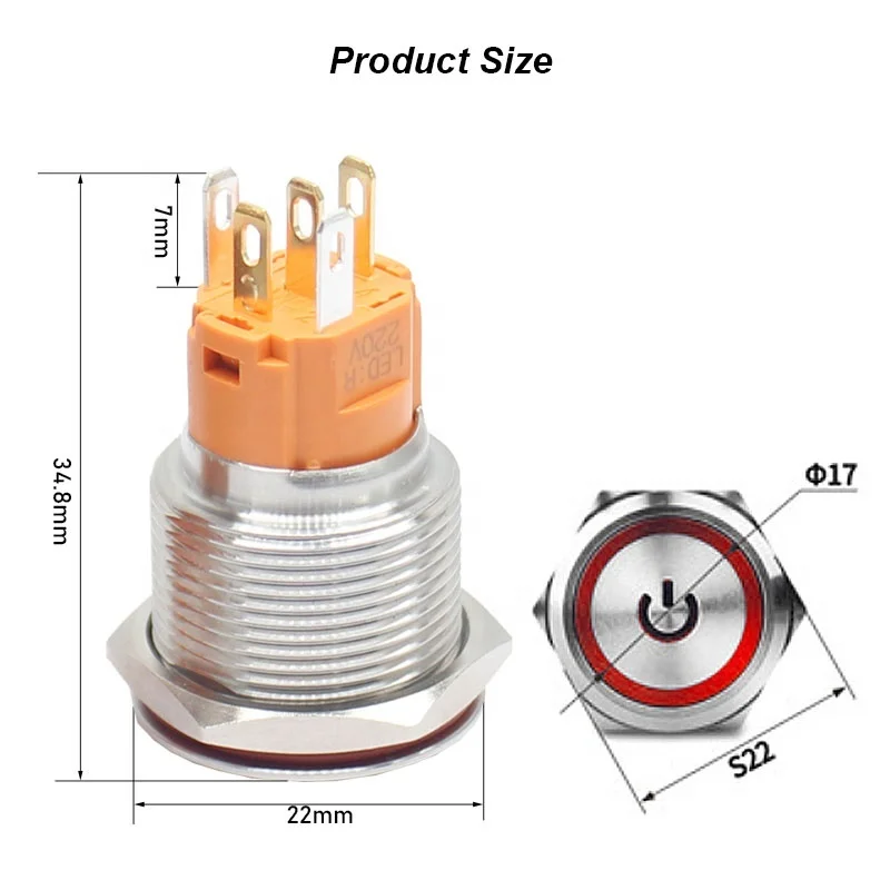 

ring lamp power symbol Waterproof LED light self-lock self-reset button 5v 12v 220v 19mm metal push button switch