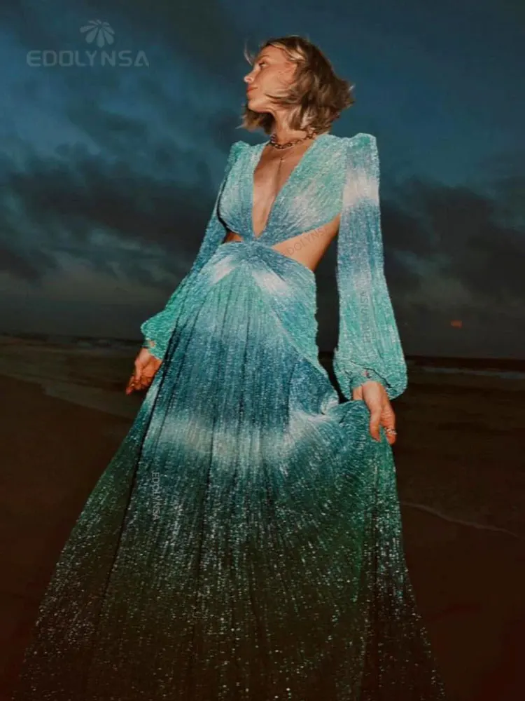 Женское платье с V-образным вырезом открытой спиной и длинным рукавом-фонариком |