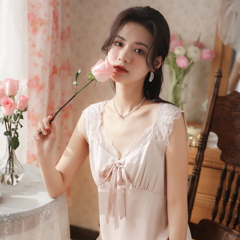 Romantic Satin Nightgown Women Summer Sexy Lace Sleeveless Nighty Peignoir Ice Silk Negligee Long Night Dress Princess Sleepwear