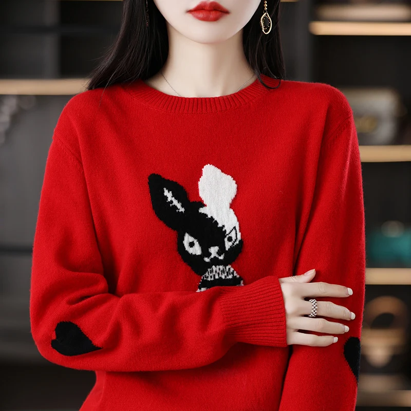 2023 Rabbit New Year Sweater Comfortable And Warm 100% Merino Wool Pullover Korean Fashion Large Women's Top Free Of Freight
