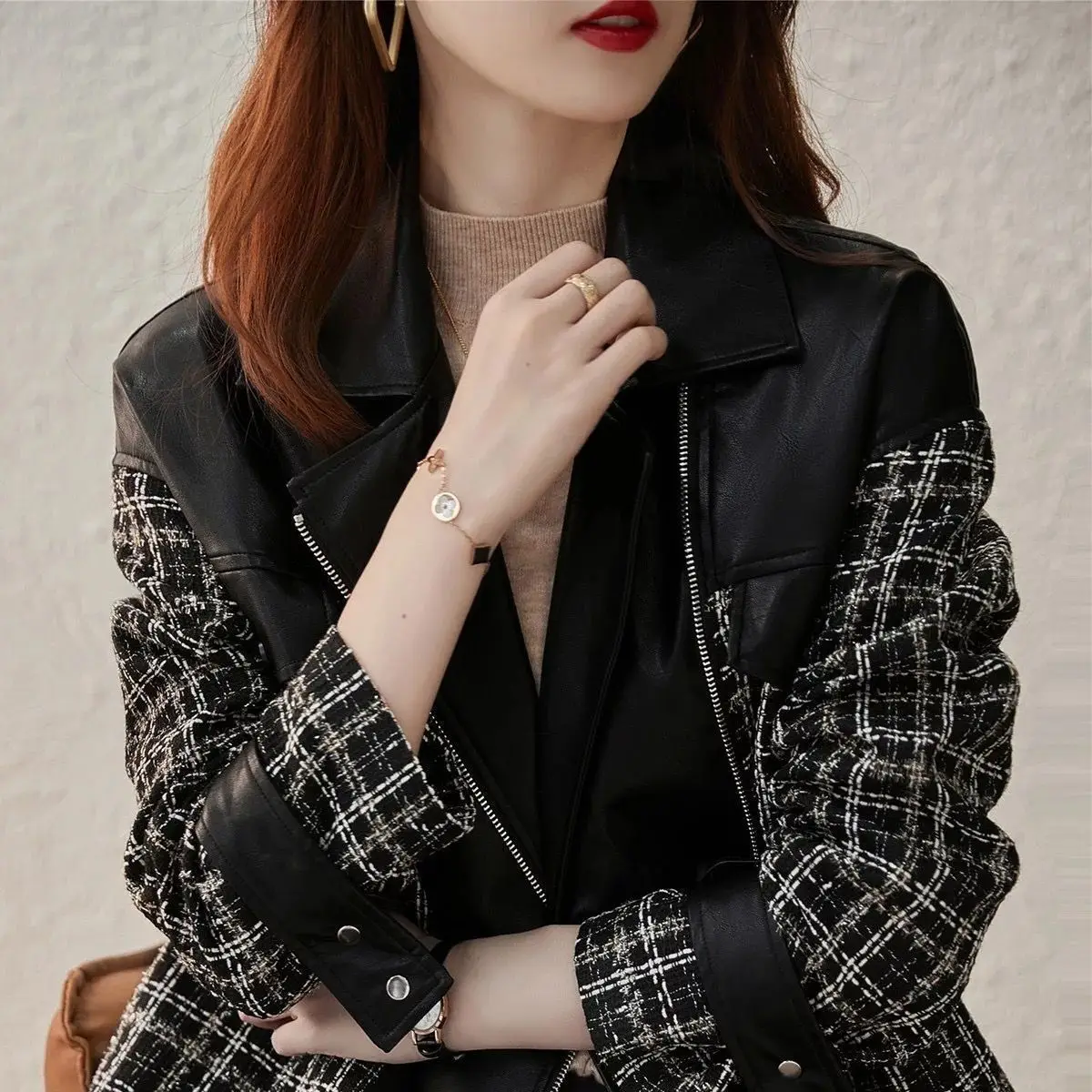 Autumn and Winter Coat Women's Fashion Motorcycle Leather Coat 2022 New Short Pu Leather Coat Splice Tweed Plaid Jacket Women