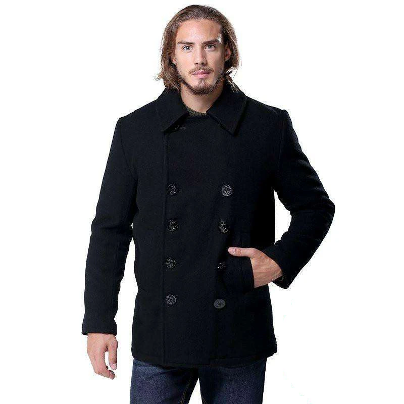New Men's Woolen coat US Navy Type 80% Wool USN Pea Coat Leisure jacket Wool Blends Black Blue