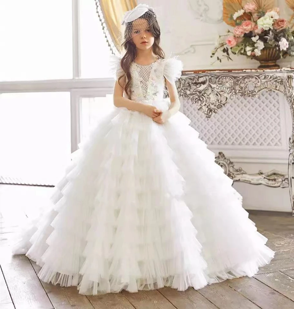 

Luxurious Tiered White First Communion Dresses Floor Length Tiered Pageant Prom Gown Black Birthday Party Dress vestidos niña