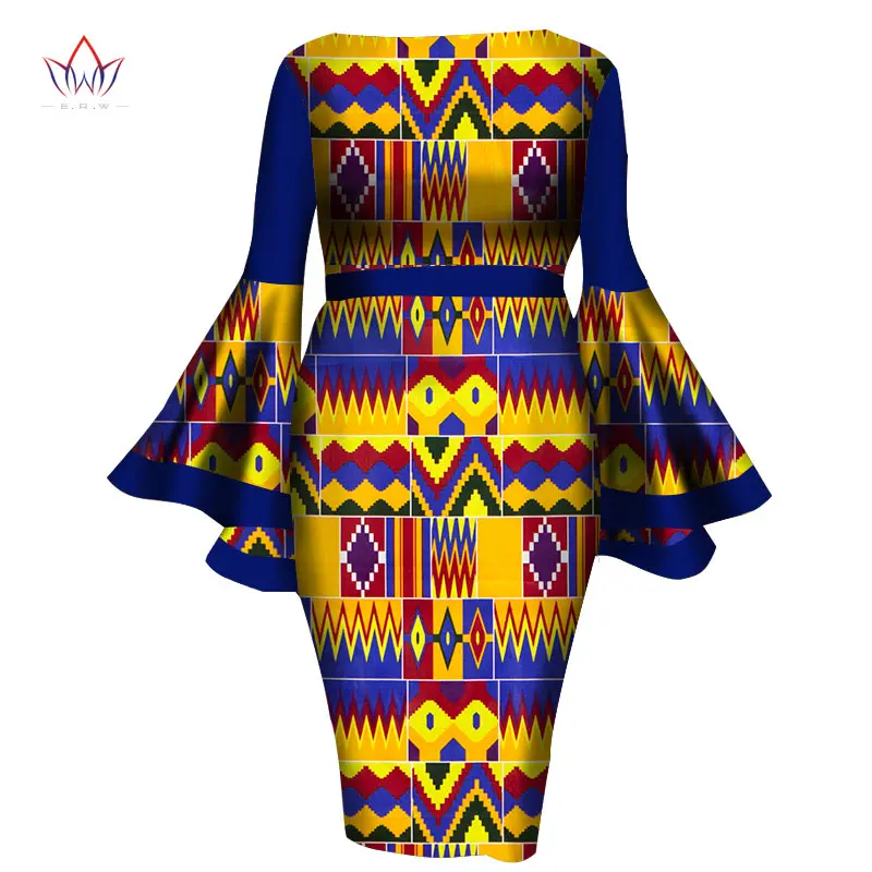 African Women Dress 2022 New Summer Lady Print Wax Clothing Bazin Riche Mid-Calf Africa Sexy Speaker Sleeves Dresses WY1217