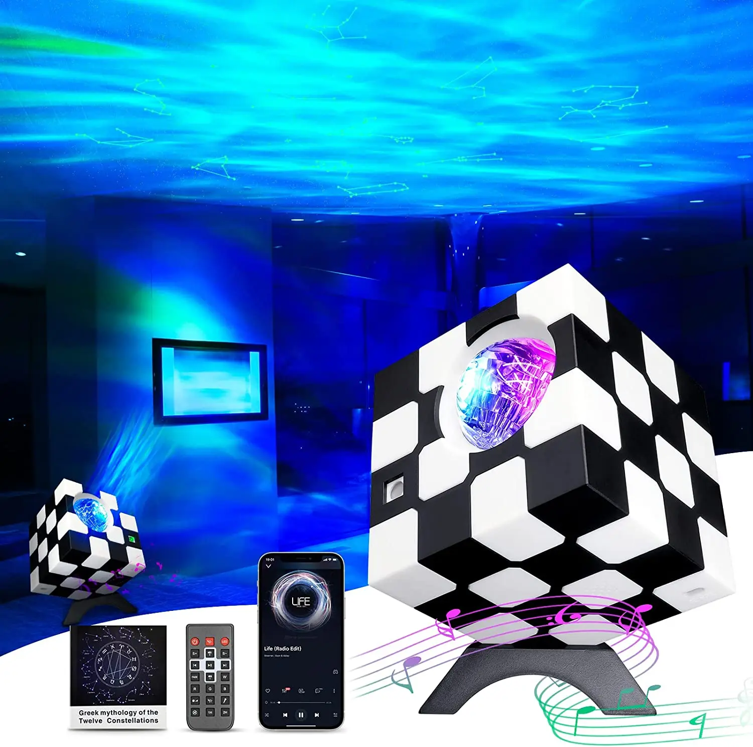 Rubik's Cube Starry Galaxy Projector, Bluetooth Music Speaker Timer Aurora Starlight Twelve Constellation Projector Lamp