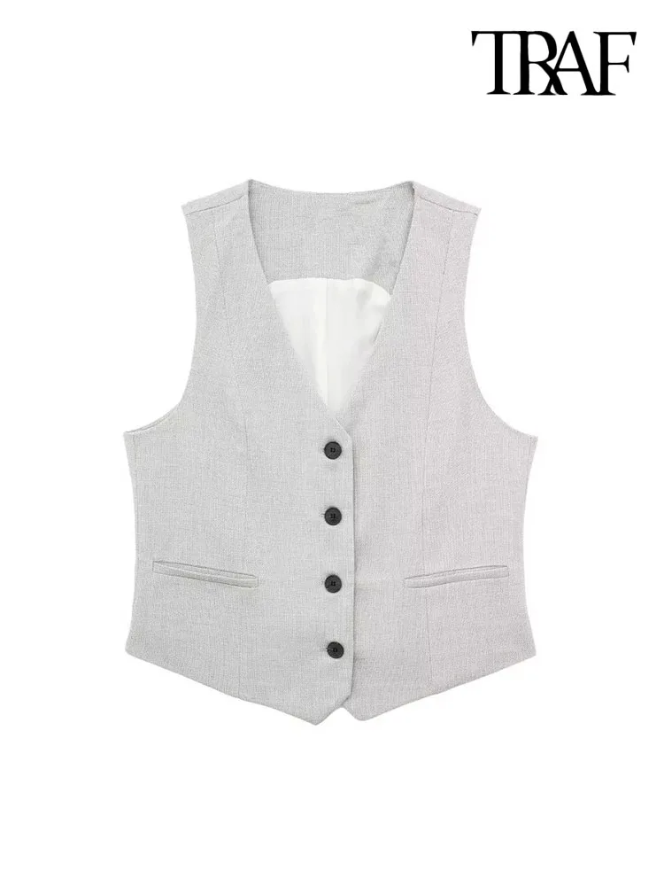 

TRAF Women Fashion Front Button Waistcoat Vintage V Neck Sleeveless Female Outerwear Chic Vest Tops