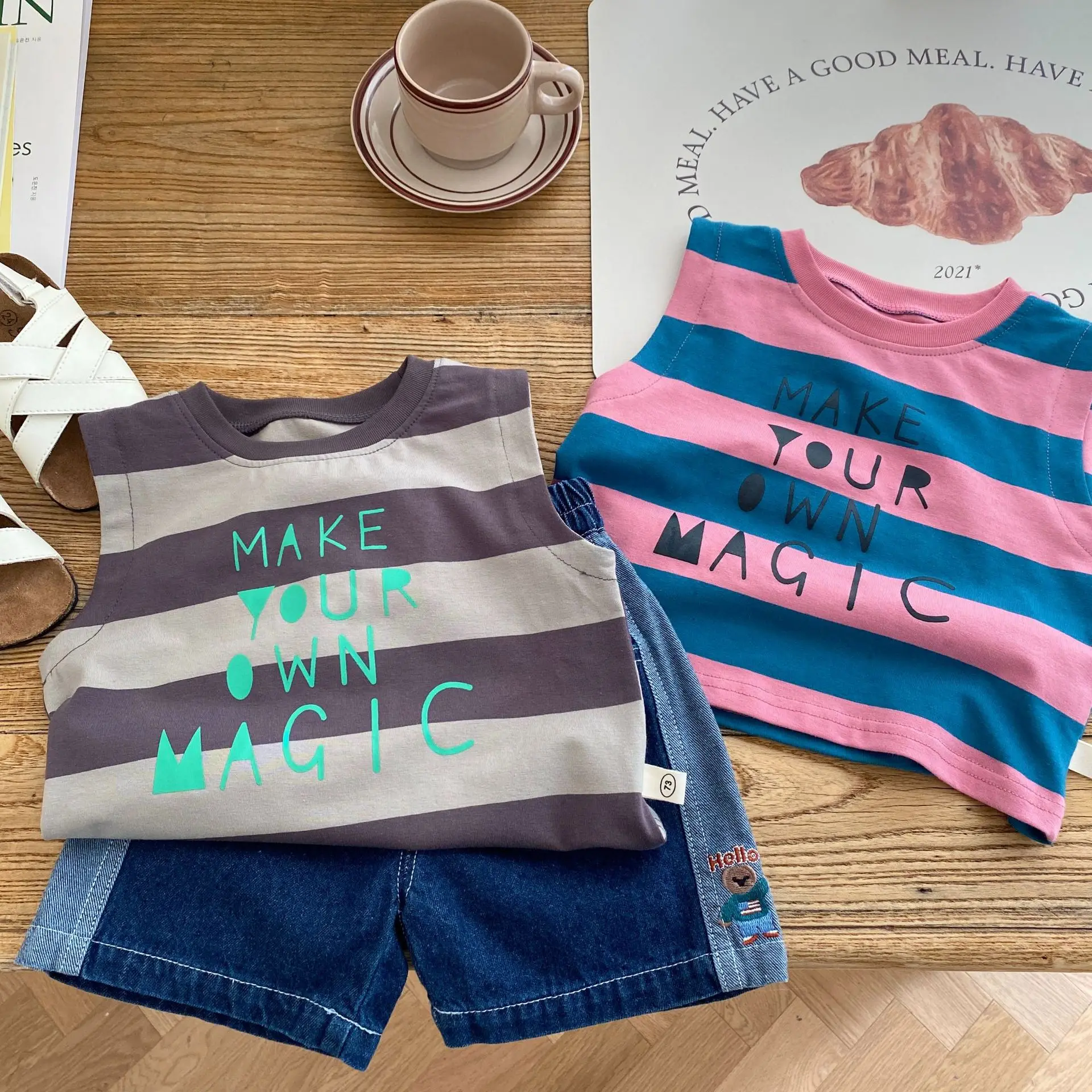 

2023 Summer Children Clothing Boys Sleeveless T-Shirts Korean Kids Striped Vest TShirt Cotton Baby Letter Print Tees Casual Tops