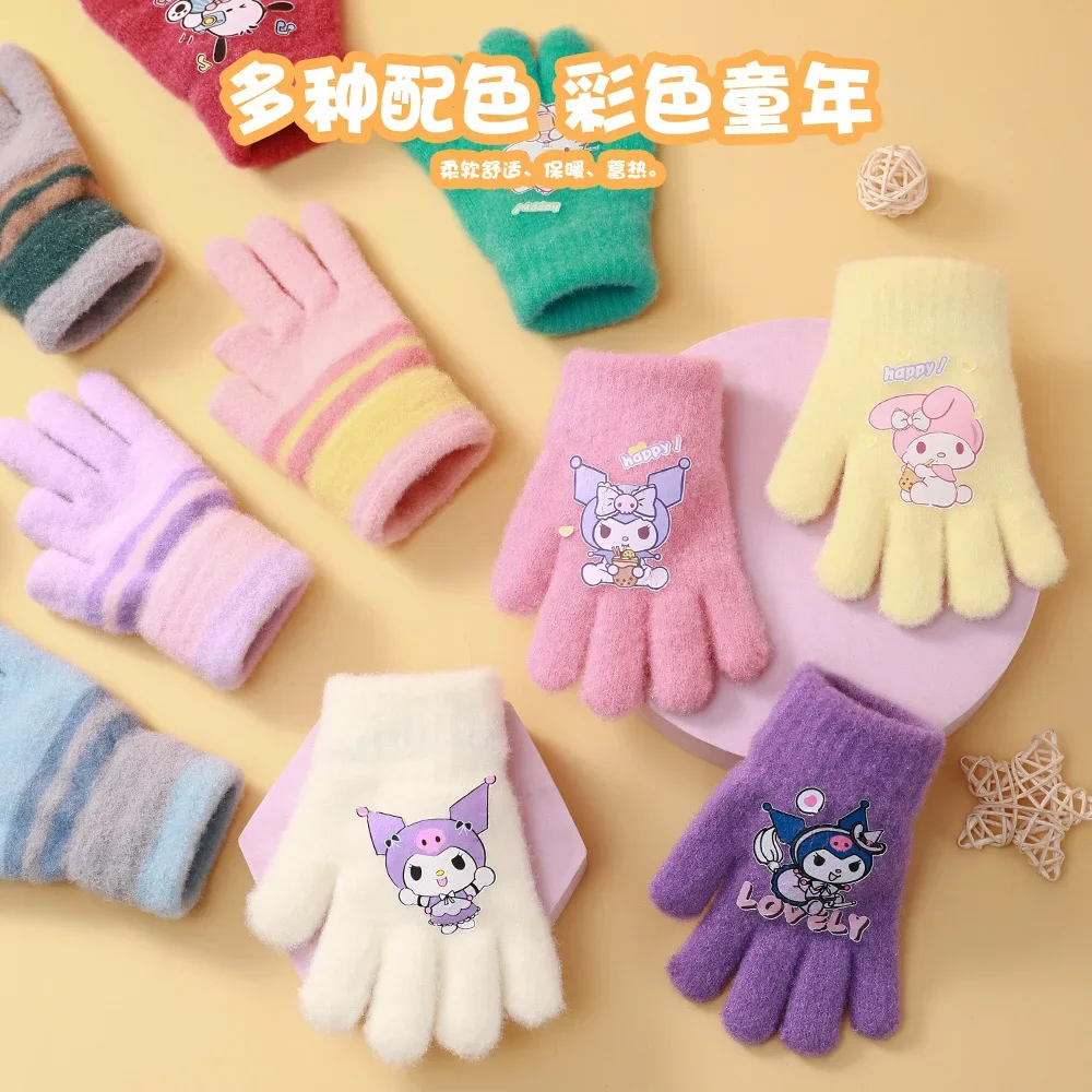 Kawaii Sanrios теплые перчатки Kuromi MyMelody аниме мягкие детские вязаные шерстяные с пятью