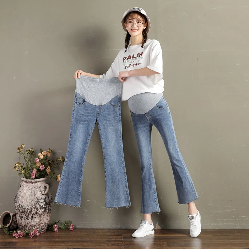 Spring Summer Pregnant Women Stretch Denim Flares Pants Wide-legged High Waist Loose Maternity Belly Trousers Jeans AQS135