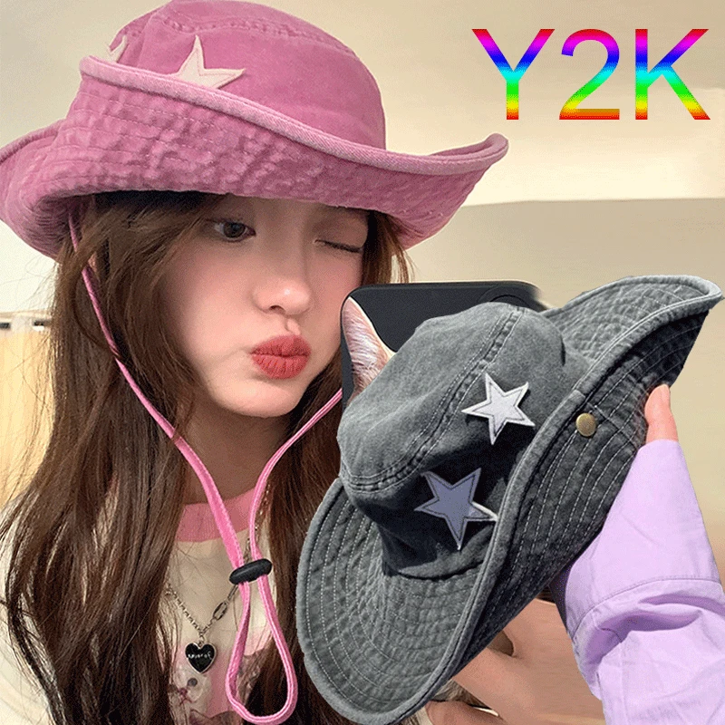 

Y2K Punk Pink Star Wild Western Cowboy Caps Unisex Neck Draw String Fashion Retro Denim Hats Adjustable Bucket Hat for Women