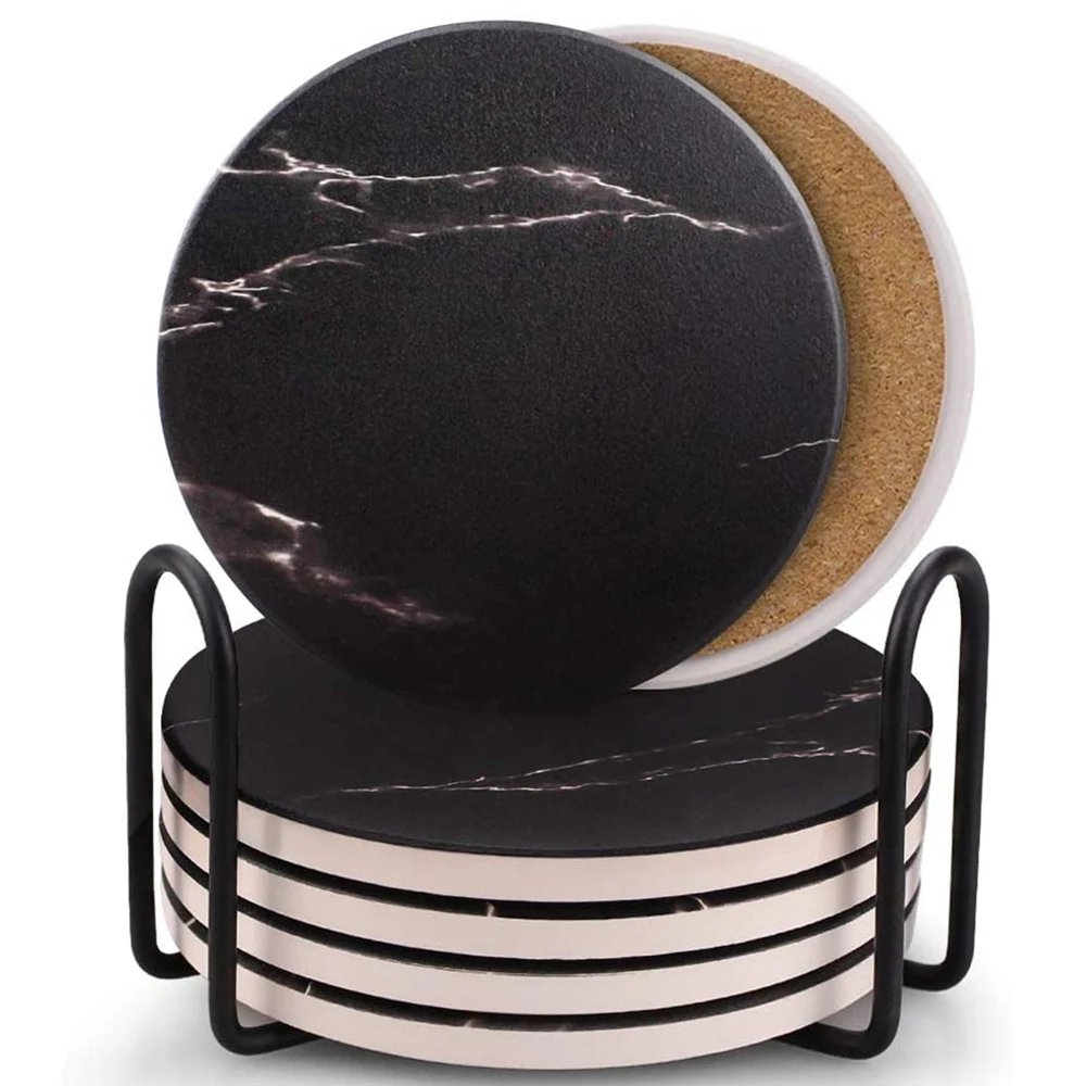 

Coasters for Drinks Ceramic Stone Coaster Set with Metal Holder Stand Cork Base Marble Surface Pattern Set of 6 Black