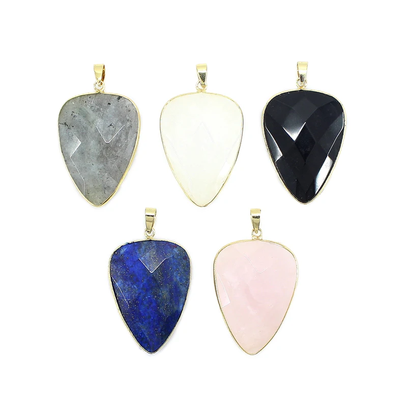 

Leaf Shape Natural Stone Pendant Gold Rim Labradorite Rose Quartz Onyx Lapis Lazuli For Jewelry Making Necklace Accessories