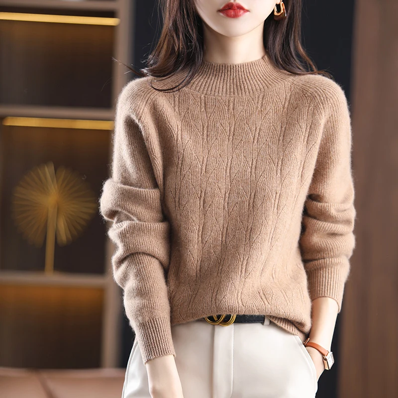 New Autumn And Winter Pure Wool Sweater Women's Half Turtleneck Loose Pullover Fashion Sweater Solid Color Joker Bottoming Shirt