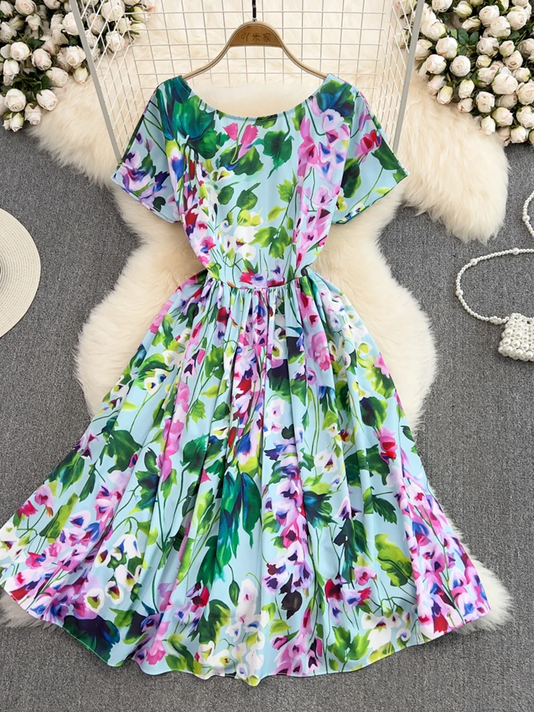 

Женское летнее платье с круглым вырезом, высокой талией и коротким рукавом