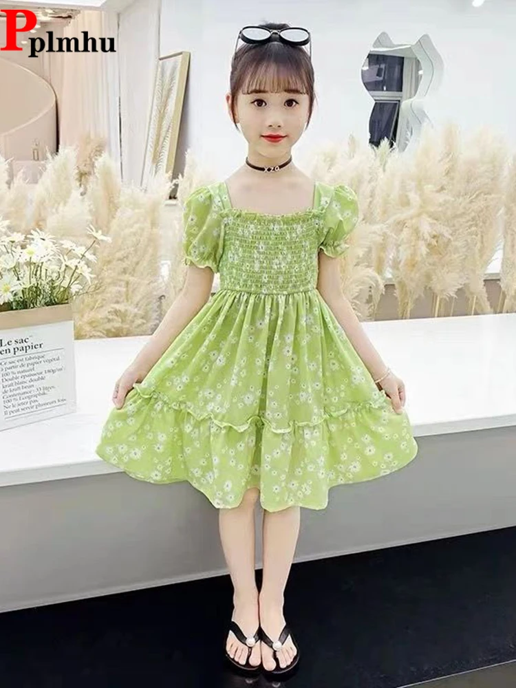 Летнее платье для девочек с цветочным принтом повседневные платья-трапеции