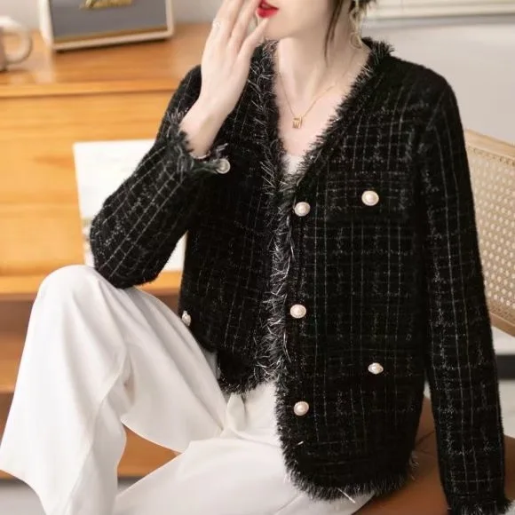 

Casual tweed coat, Autumn New V-neck Fringe Edge Coat Imitation Mink Fleece Student Short Sleeve Small Fragrant Knitted Car2023