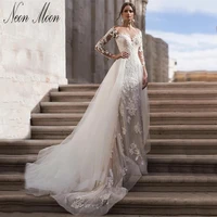 romantic wedding dresses 2022 for women mermaid lace appliques bride dress illusion button backless bridal gown vestido de novia