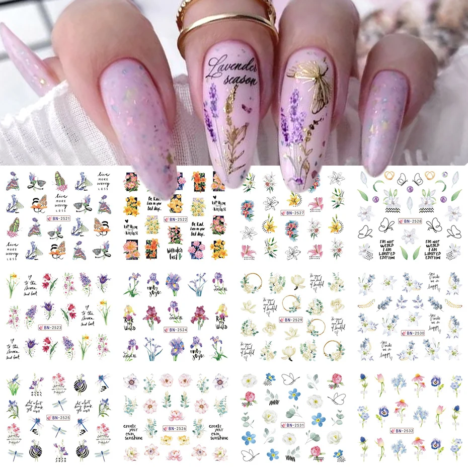 

12pcs Spring Nail Art Stickers Lavender Tulip Rose Butterfly Letter Watercolor Flower Leaf Water Slider Manicure Decoration BEBN