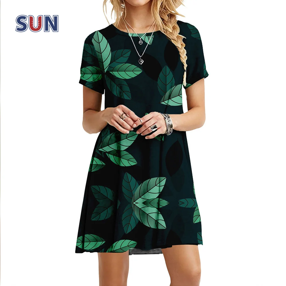 

Summer Hot Sale Ladies Simple Printed Dress Short Sleeves Round Neck Fashion Elegant Dress Loose Vacation Ladies Oversized 2022