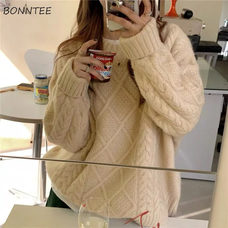 

Twist Pullovers Women Warm Winter Loose Lazy Japanese Gentle Sweaters Students All-match Sweet Knitwear Ulzzang Glutinous Sueter