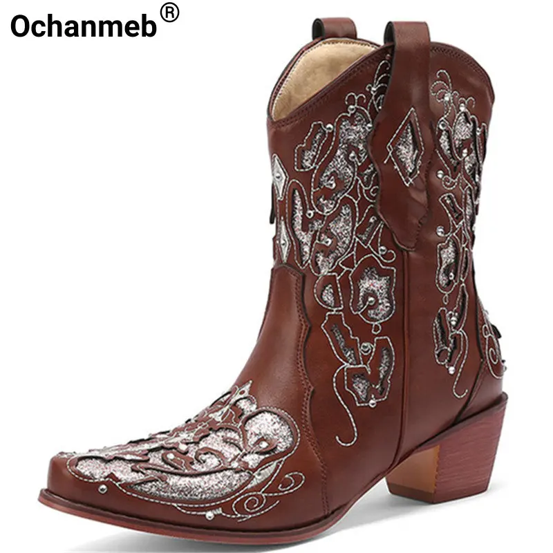 

Ochanmeb блестящие бриллиантовые блестящие западные ботинки, женские ковбойские ботинки на массивном каблуке, ковбойские ботинки, бежевые, коричневые, черные ботинки
