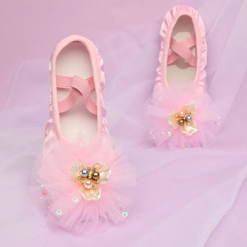 Розовые балетные туфли для девочек милые пуанты с ракушками элегантная обувь