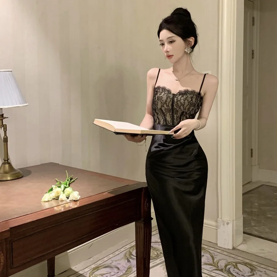 Французское сексуальное черное кружевное платье на бретельках женское