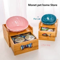 new design pet ceramic bowl with bamboo wooden drawer dog and cat food bowl water supplies shell shape small dog feeder
