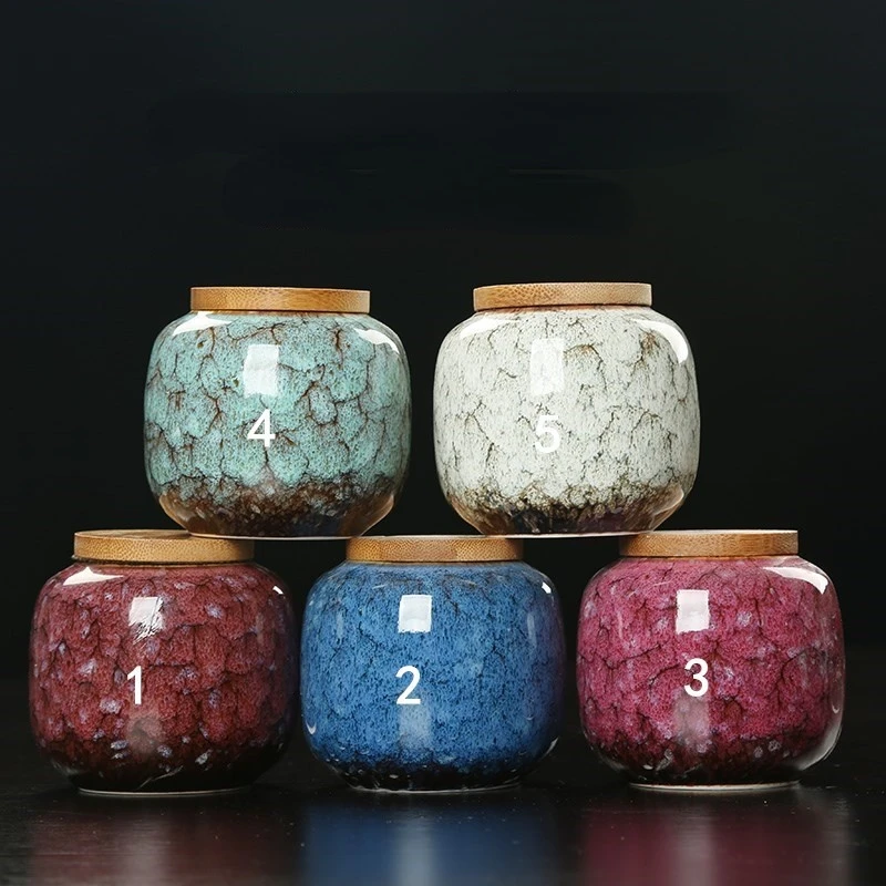 

Kiln Change Sealed Ceramic Home Kitchen Jar Tea Packaging Storage Jar Sealed with Bamboo and Wood Cover Medicine Powder Jar