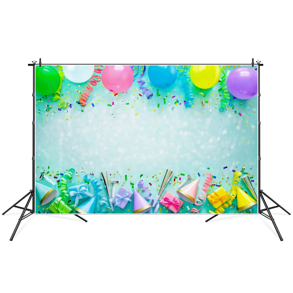 

Balloons Sequins Light Bokeh Party Decoration Photography Backdrops Custom Kids Gifts Ribbon Prom Hat Whistle Photo Backgrounds