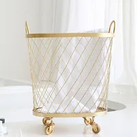 Modern Golden Fashion Metal Gold Color Dirty Clothes Storage Handle Wheel Laundry Basket Home Creative Organizer With Wheel