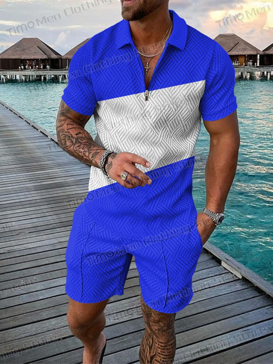 Business Casual Men's Sportswear Street Fashion Polo Shirt Suit Men High Quality Polo Neck Zippered Pullover+Shorts 2 Piece Set