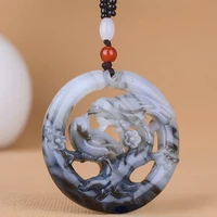 natural black white jade magpie pendant necklace chinese double sided hollow carved fashion charm jewelry amulet gifts for women
