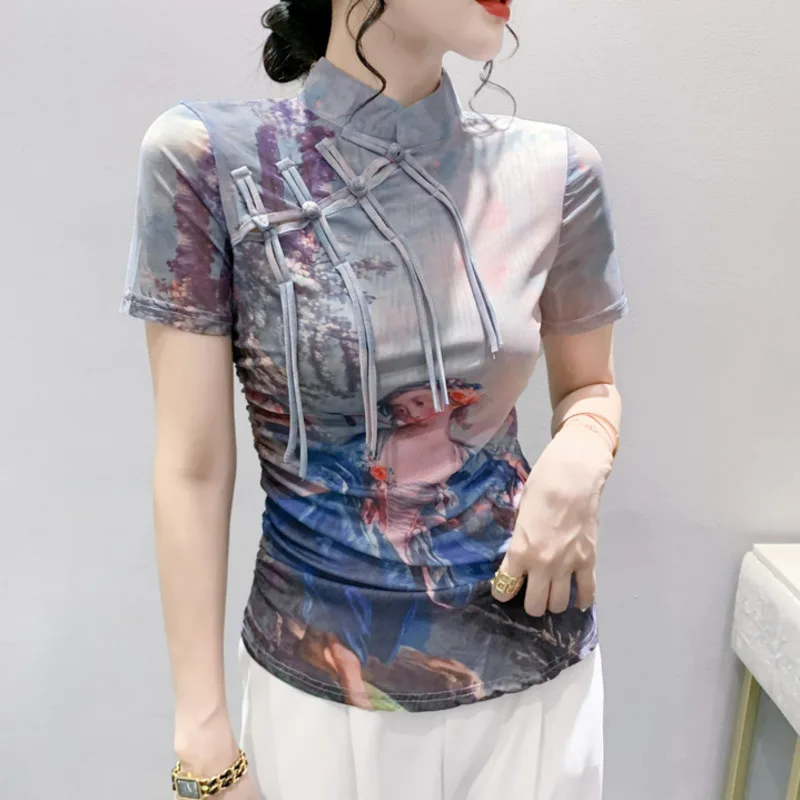 # 5709 Летняя футболка женская с воротником-стойкой винтажная узкая сетчатая